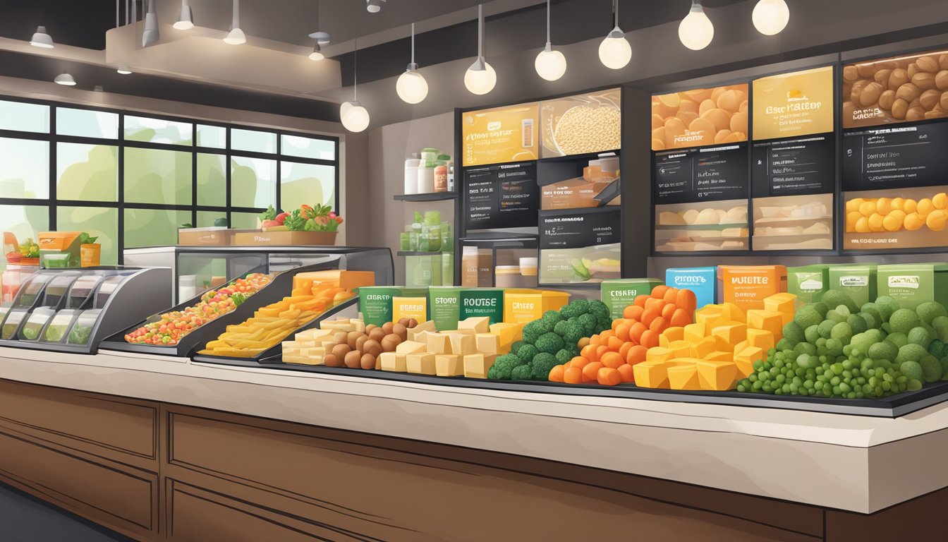 A colorful display of protein boxes and fresh ingredients at a Starbucks counter