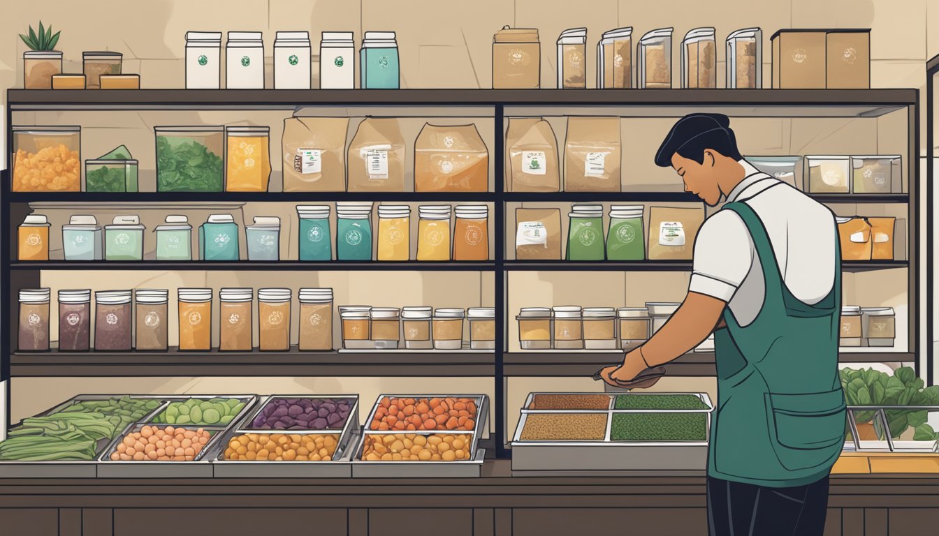 A Starbucks barista assembling a variety of protein boxes with fresh ingredients and neatly arranging them in a display case