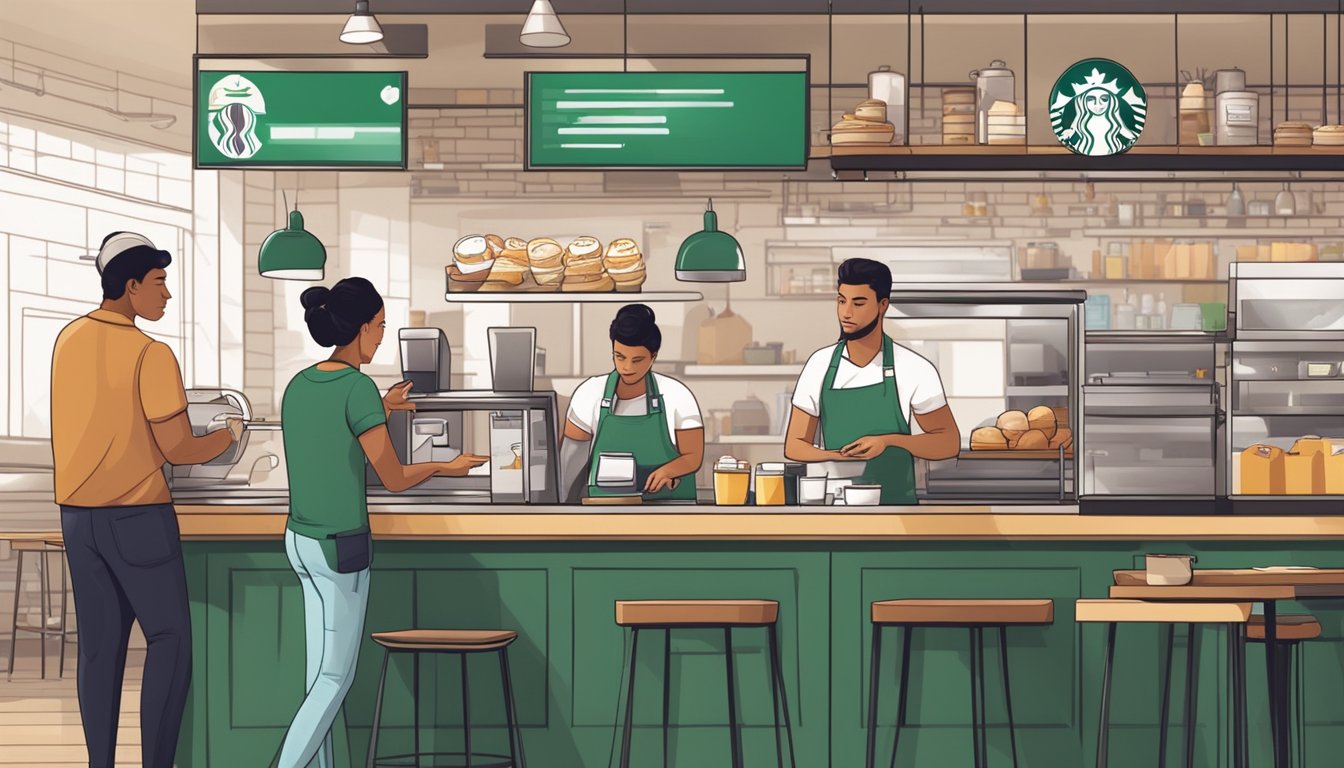 Customers using mobile app to order breakfast at Starbucks, while baristas prepare orders using advanced technology