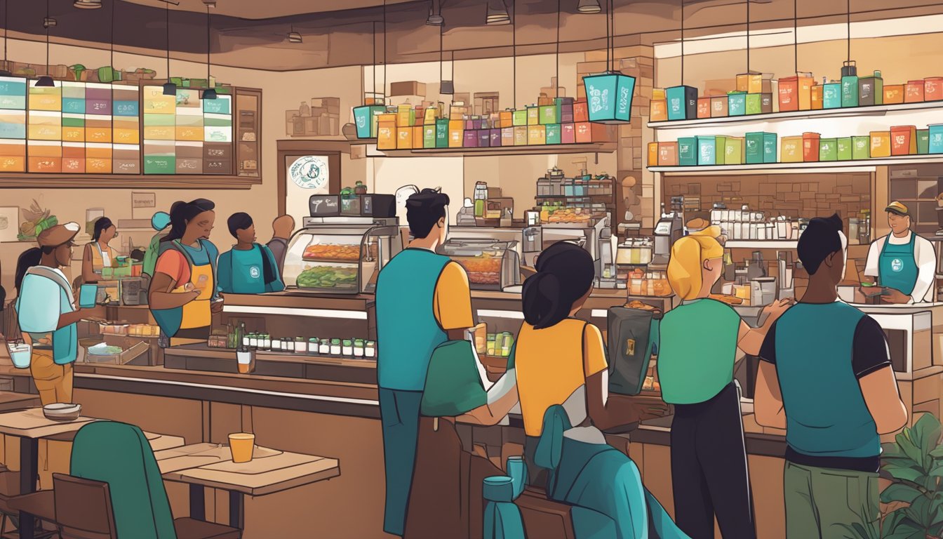 A bustling Starbucks cafe with a display of colorful protein boxes, surrounded by customers and baristas