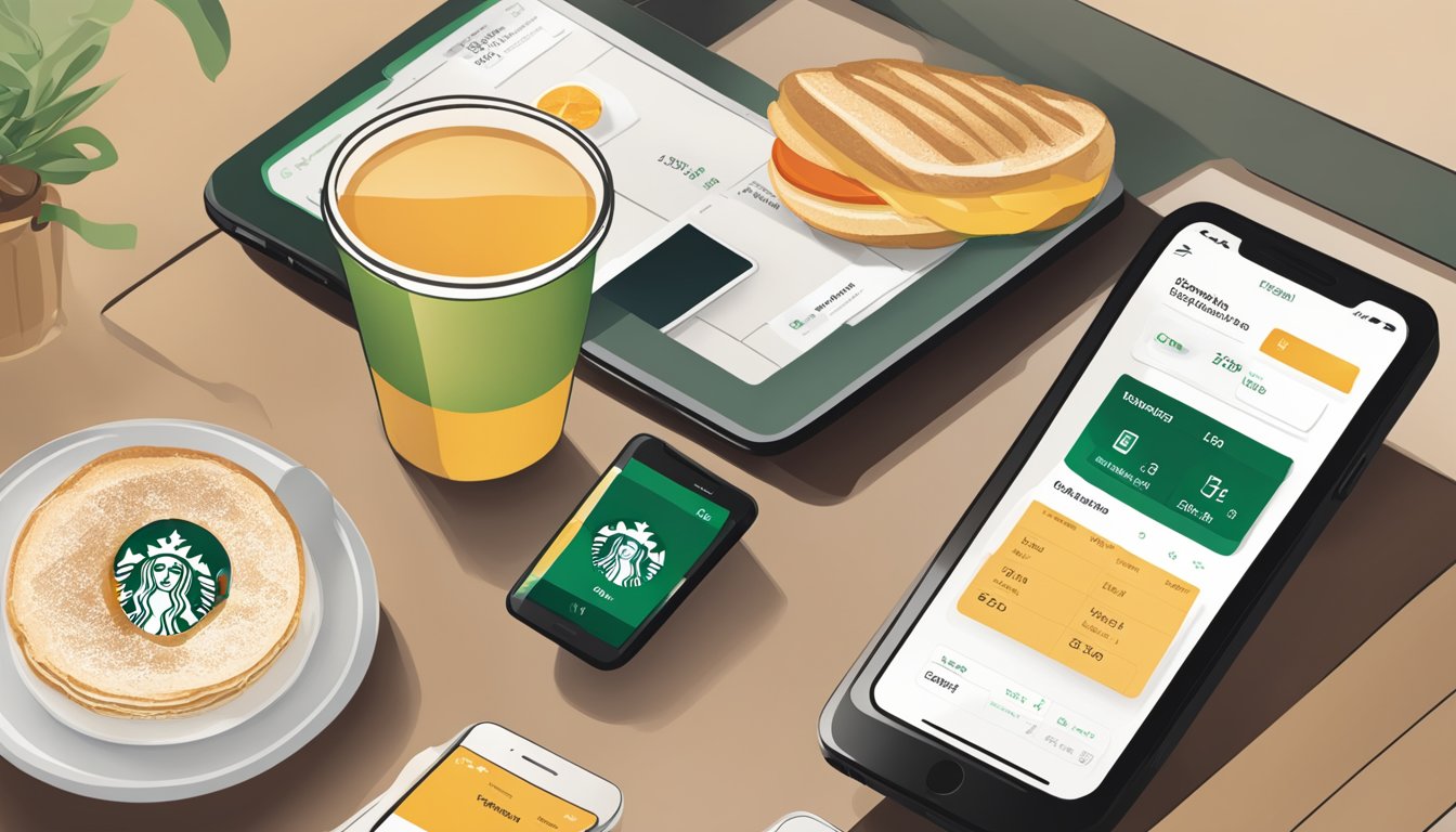 A smartphone displaying the Starbucks mobile app with a breakfast order and payment process