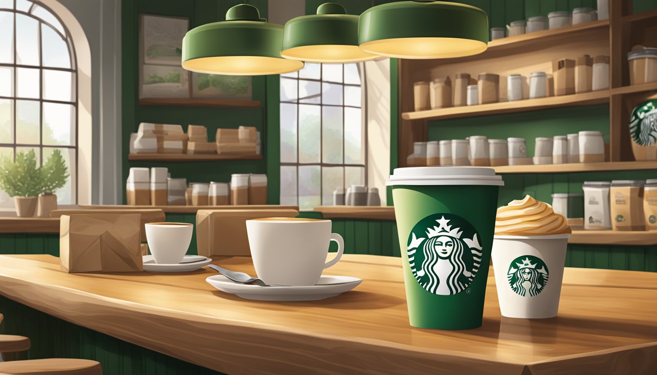 A cozy coffee shop with warm lighting, wooden tables, and the iconic green and white Starbucks logo on breakfast packaging