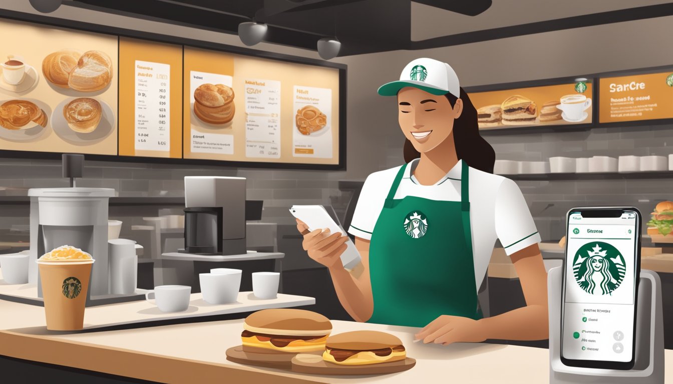 A customer uses a mobile app to order a Starbucks breakfast, while a digital display shows the order being prepared in the background