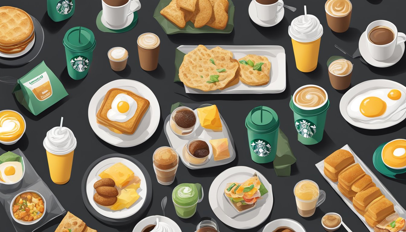 A table with various Starbucks breakfast items arranged neatly next to their respective packaging