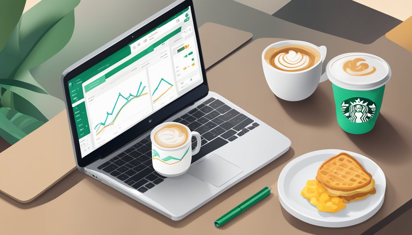 A laptop displaying data analytics graphs next to a mobile app ordering Starbucks breakfast