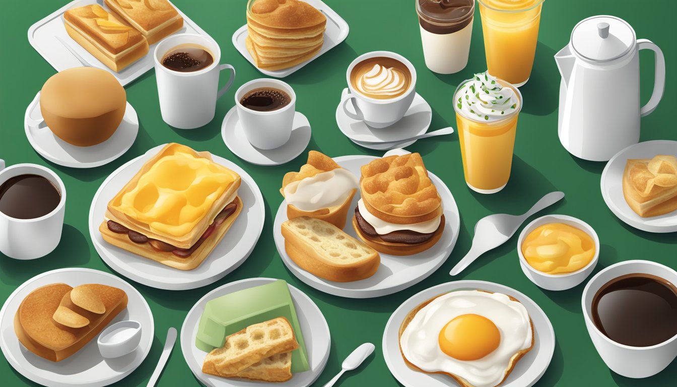 A table with a variety of Starbucks breakfast items arranged neatly on a tray with the iconic green and white packaging