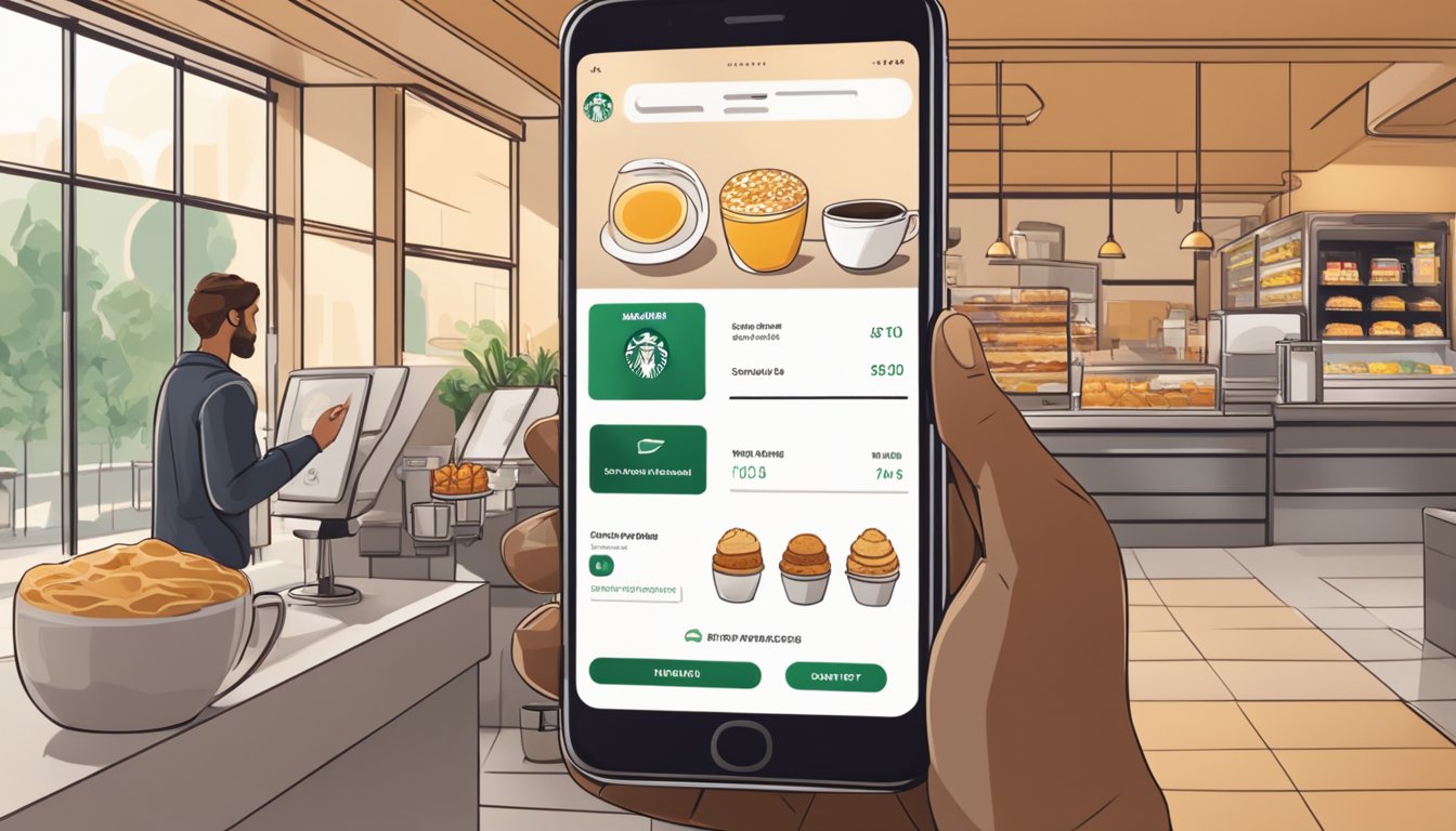 A person using a smartphone to order Starbucks breakfast from an app, with a digital menu and payment options displayed on the screen