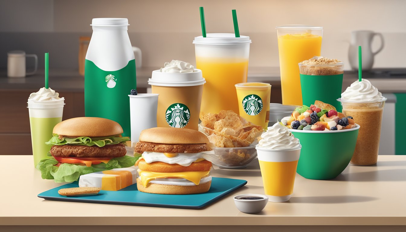 A brightly lit Starbucks breakfast packaging surrounded by a variety of colorful and appetizing food items on a clean, modern countertop