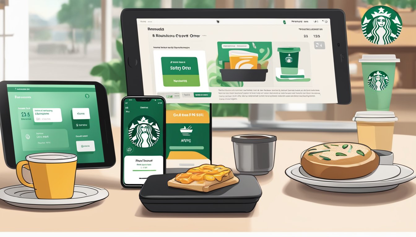 A smartphone with a Starbucks app open, displaying a breakfast order and rewards points. An NFC-enabled payment terminal and a digital receipt