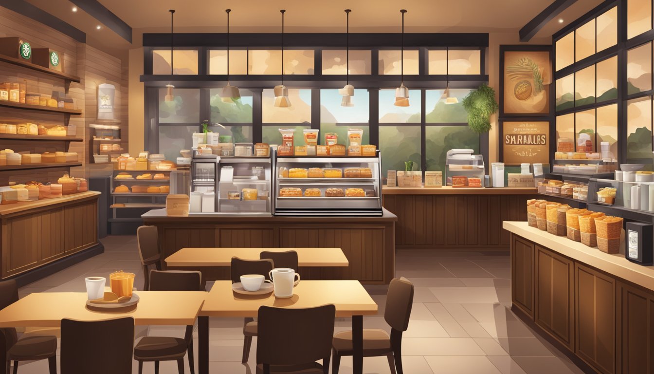 A cozy Starbucks store with a display of breakfast items and packaging, featuring warm colors and inviting design