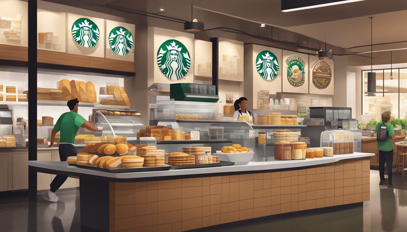 A bustling Starbucks store with diverse breakfast foods from around the world displayed on the counter, with the iconic green and white branding visible throughout the scene