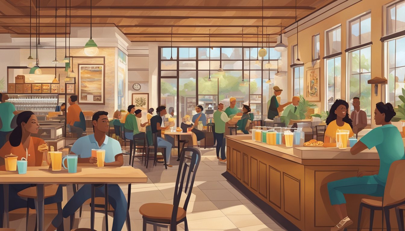 A bustling Starbucks store with diverse breakfast items and cultural decor from around the world. Customers enjoying their meals in a vibrant, welcoming atmosphere