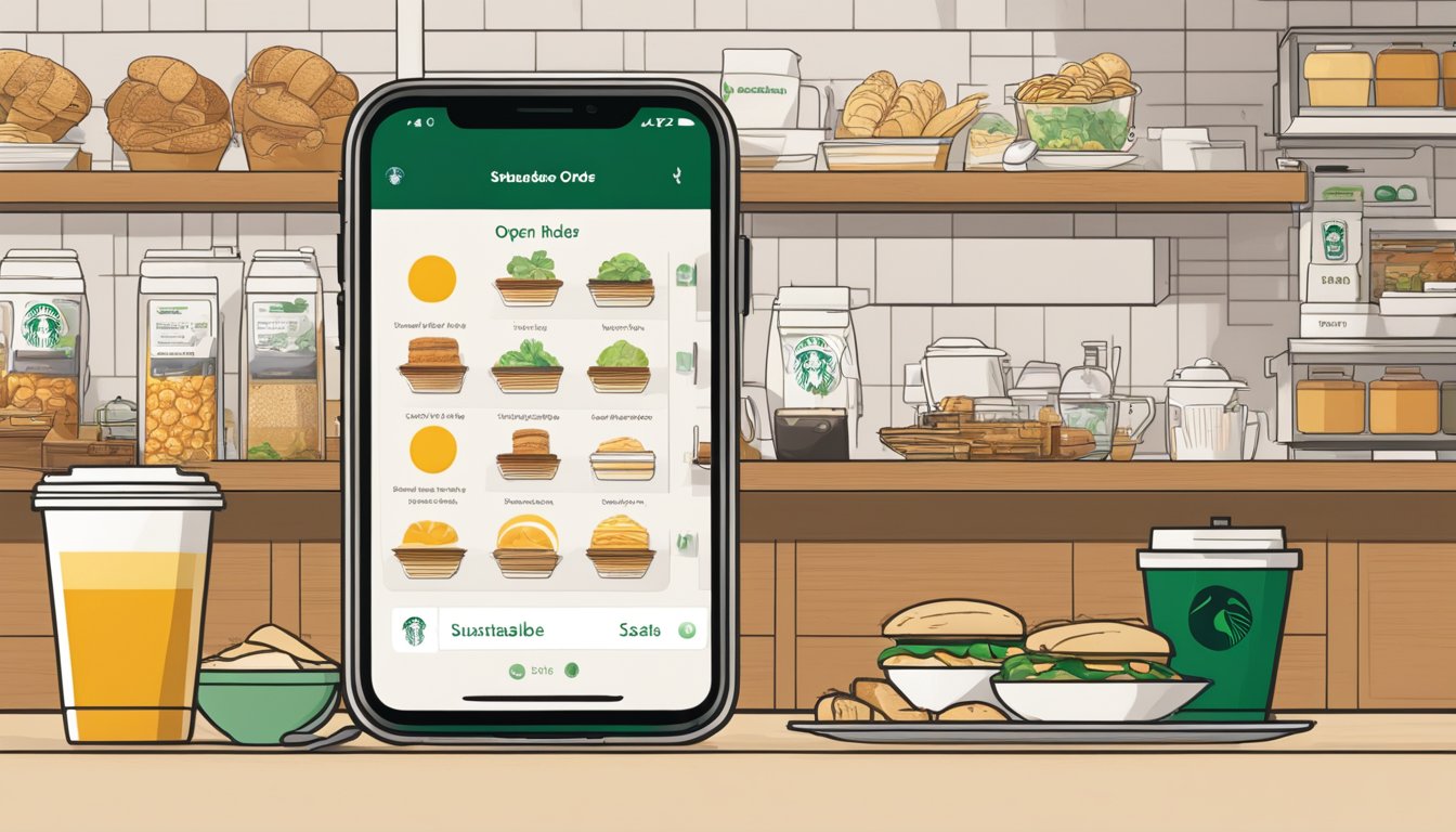 A modern smartphone with the Starbucks app open, displaying a breakfast order with sustainable and responsibly sourced ingredients