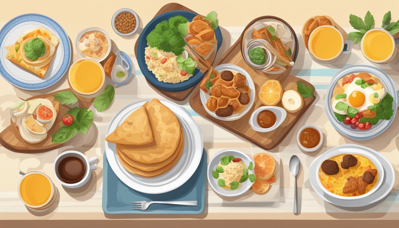 A table set with a variety of international breakfast dishes, surrounded by cultural symbols and landmarks from different countries