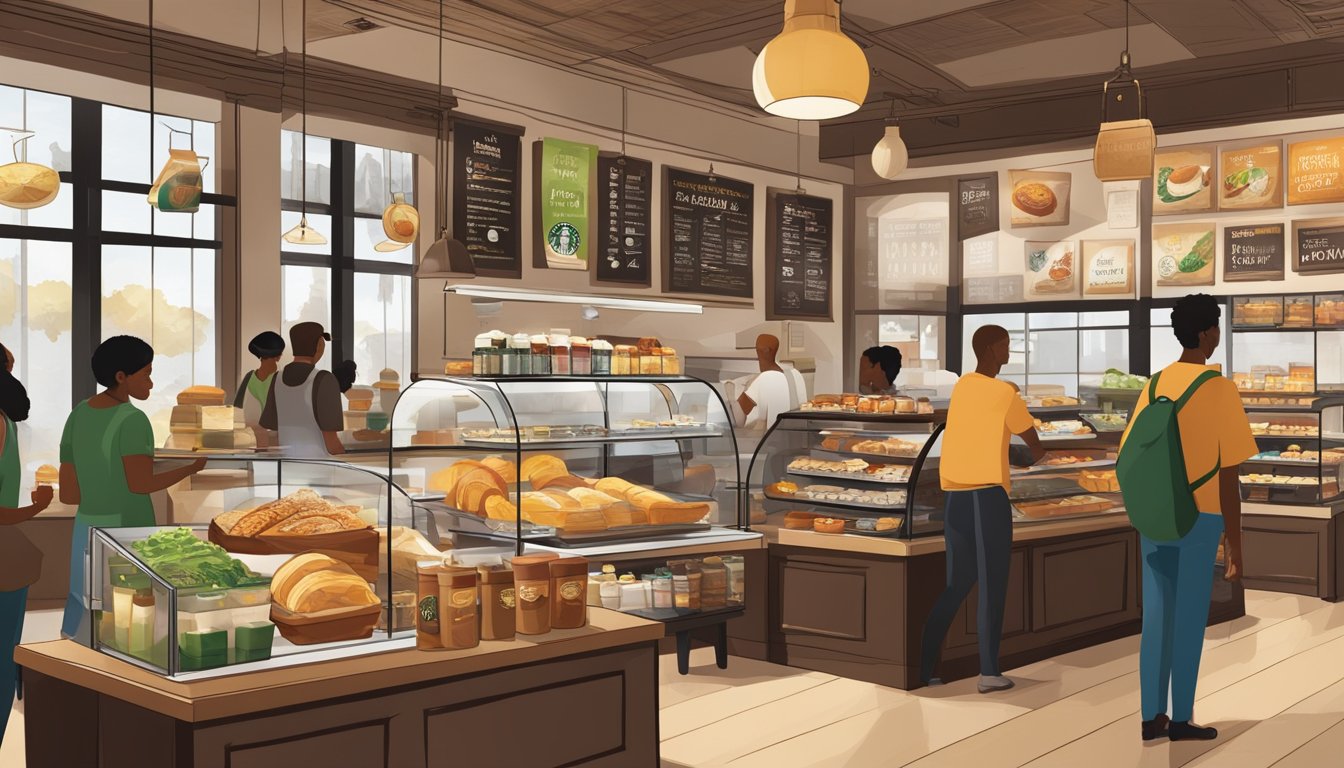 A bustling Starbucks store with diverse breakfast items from around the world on display, highlighting cultural adaptations and a focus on operational excellence and quality