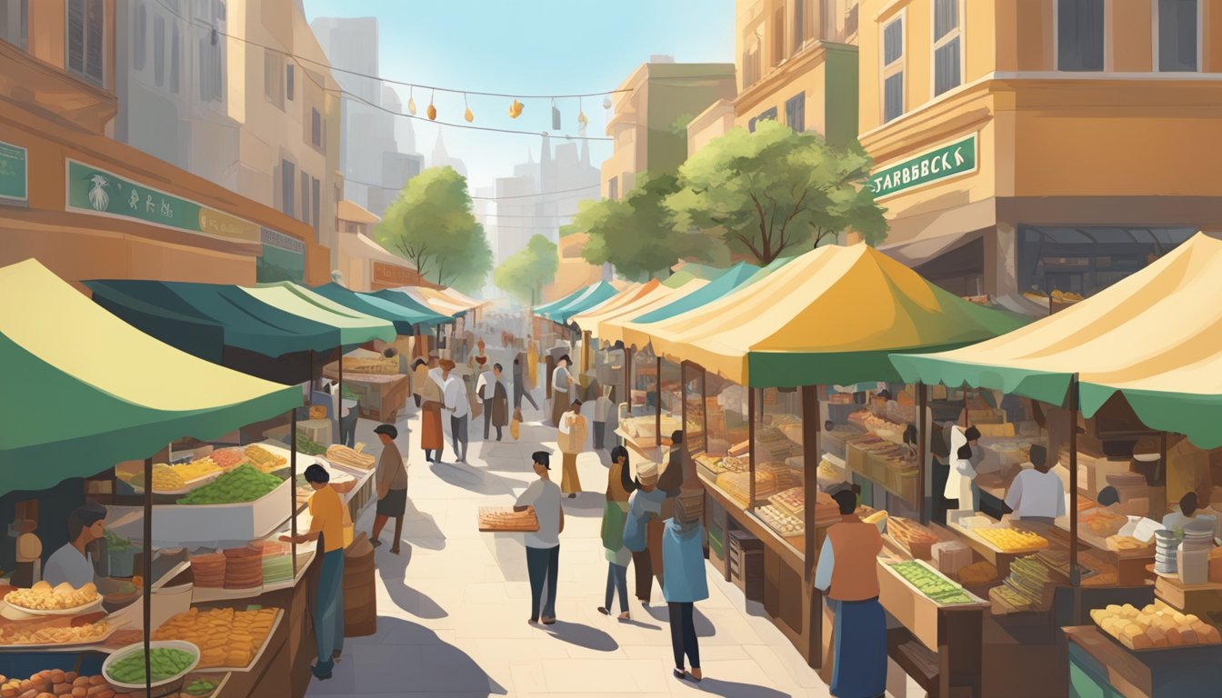 A bustling street market with diverse food stalls, each offering unique breakfast items from different cultures. A prominent Starbucks store stands out among the vendors