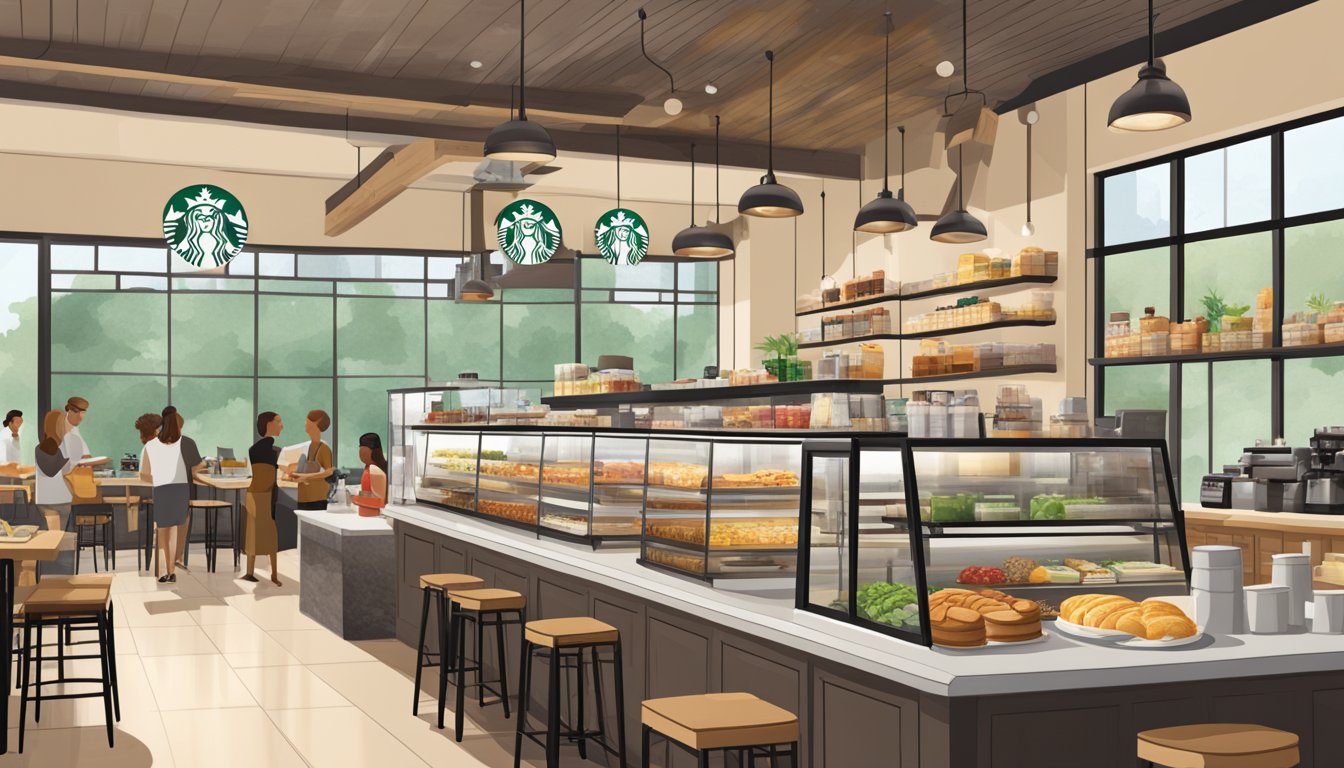 A bustling Starbucks cafe with a diverse array of breakfast options on display, including gluten-free, dairy-free, and vegan choices