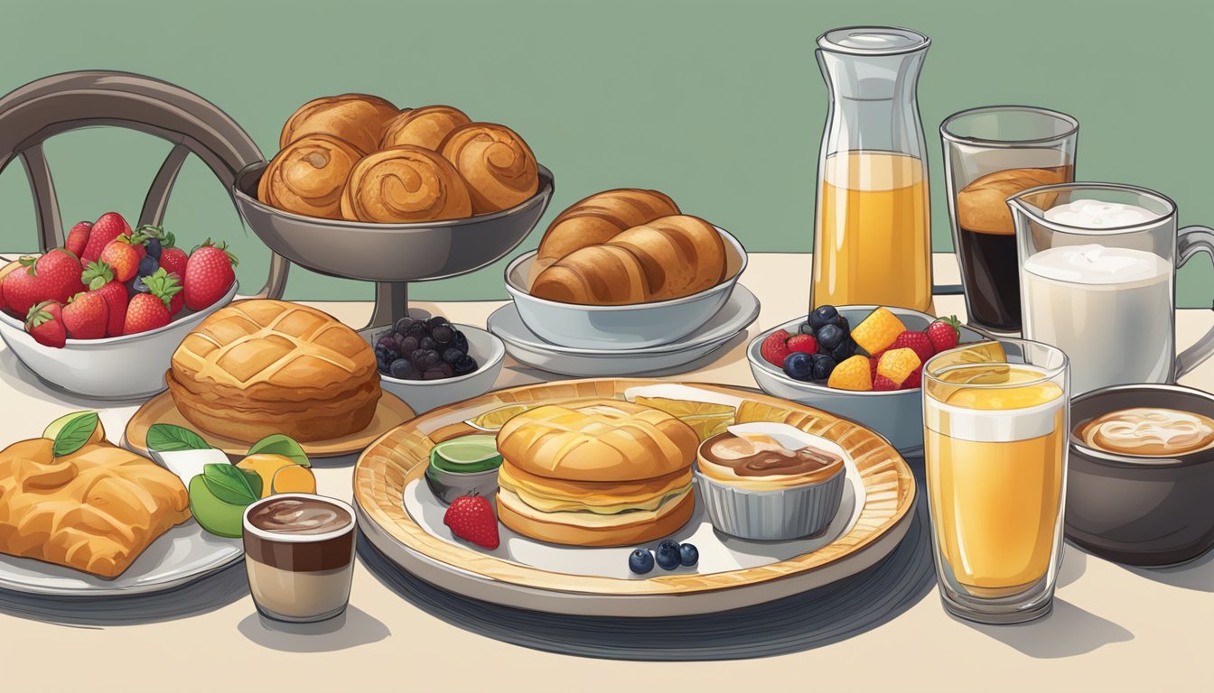 A table set with various international breakfast items, including pastries, fruits, and beverages, representing the cultural adaptations of Starbucks breakfast around the world