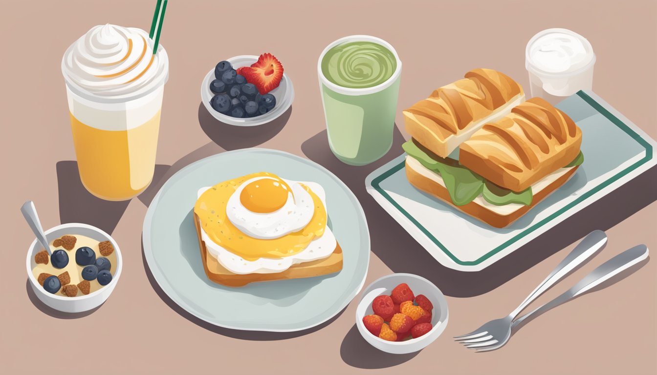 A table with a variety of breakfast items from Starbucks, including pastries, sandwiches, and yogurt parfaits, with their nutritional information displayed next to each item