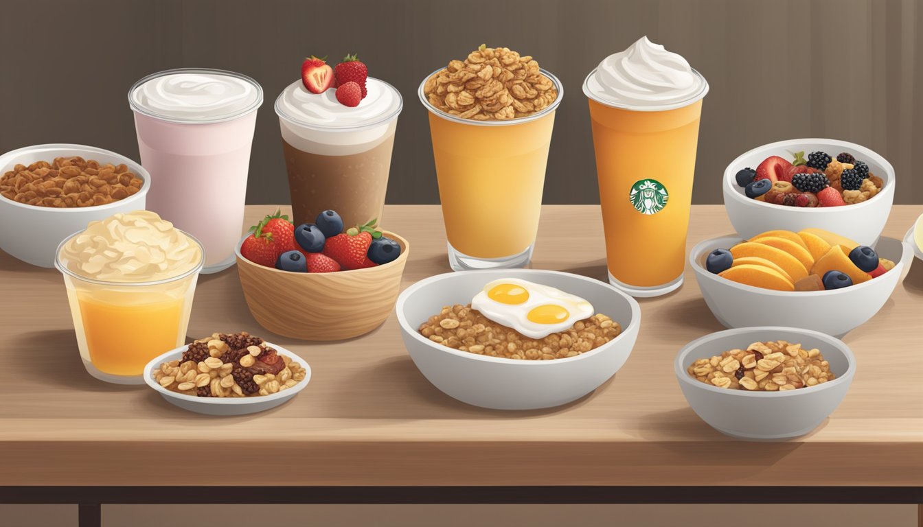 A table at Starbucks with a variety of healthy breakfast options, including oatmeal, fruit, yogurt, and granola bars, displayed in an inviting and appetizing manner