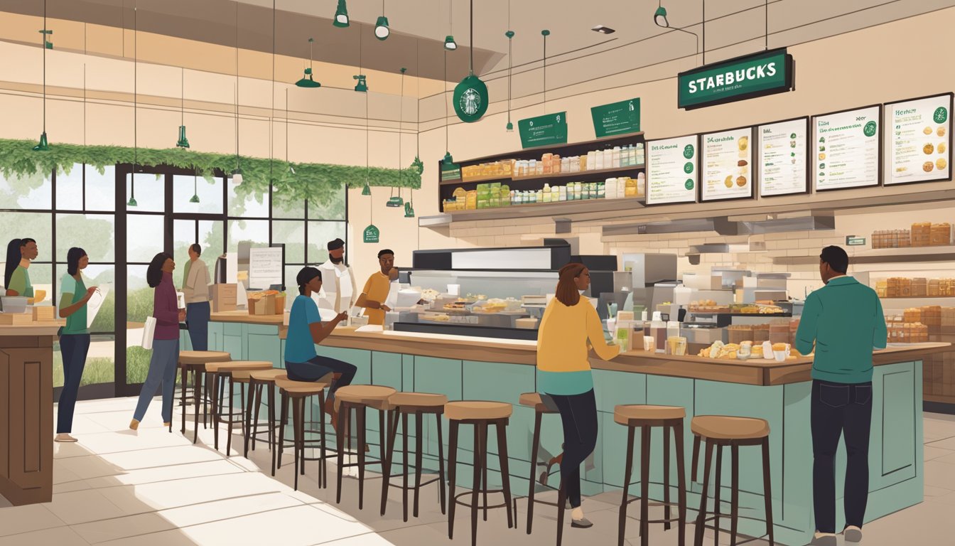 A bustling Starbucks store with a variety of breakfast options displayed on the menu board, including gluten-free, dairy-free, and vegetarian choices. Customers chat with baristas while sipping their drinks