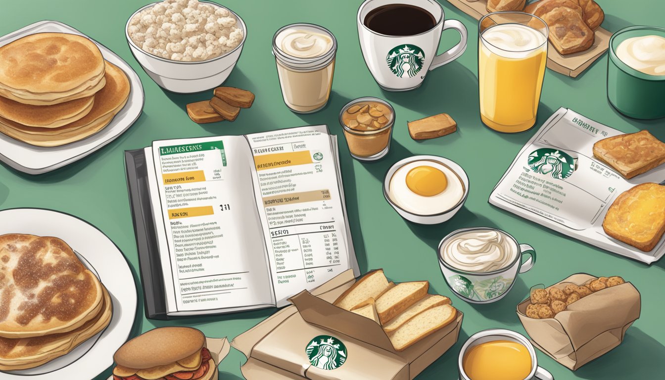 A table with various Starbucks breakfast items, including nutrition labels and ingredient lists