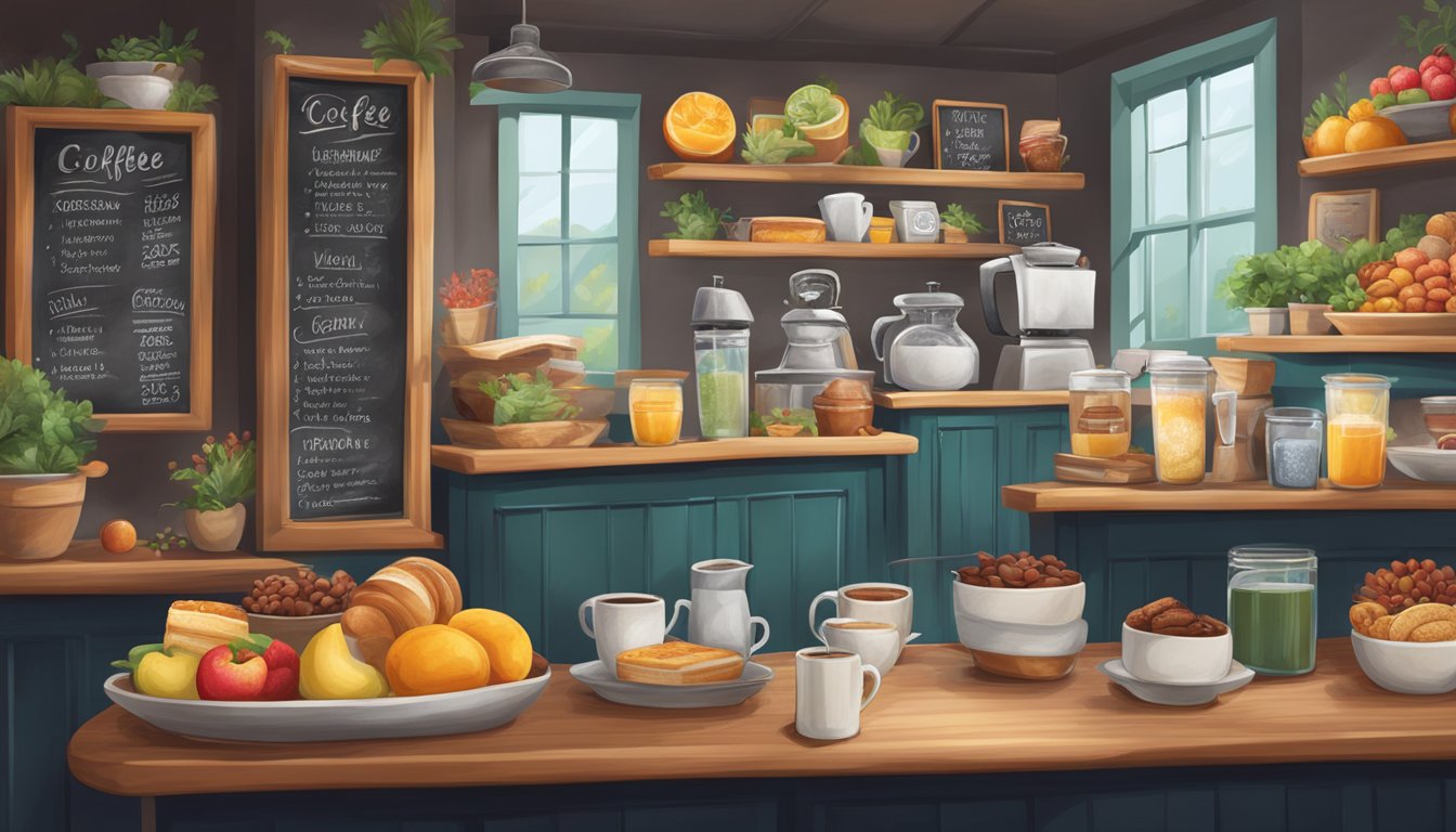 A cozy coffee shop with a chalkboard menu featuring seasonal breakfast items and a display of fresh, colorful ingredients