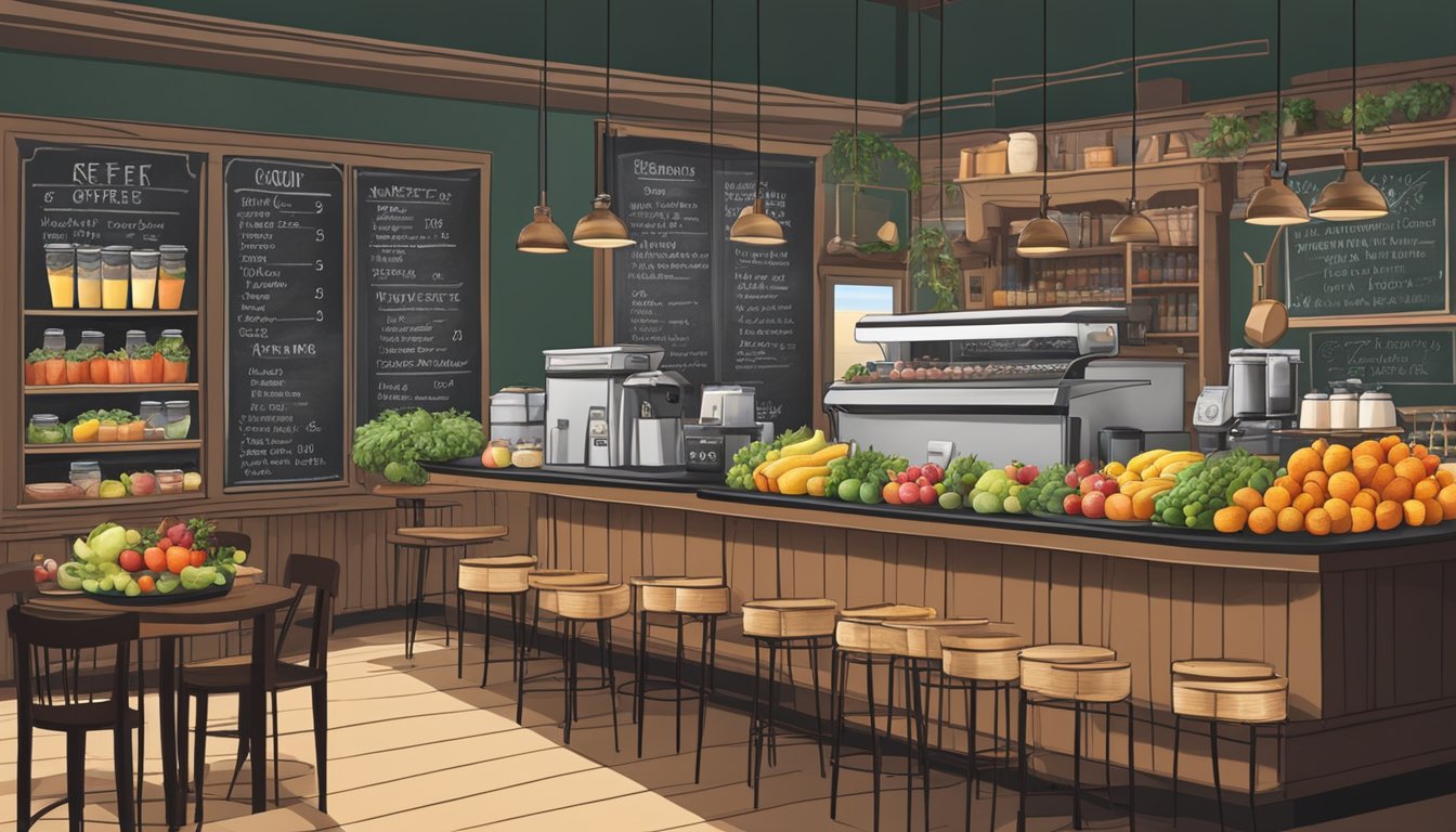 A bustling coffee shop with a variety of fresh, seasonal fruits and produce displayed on the counter next to a chalkboard menu