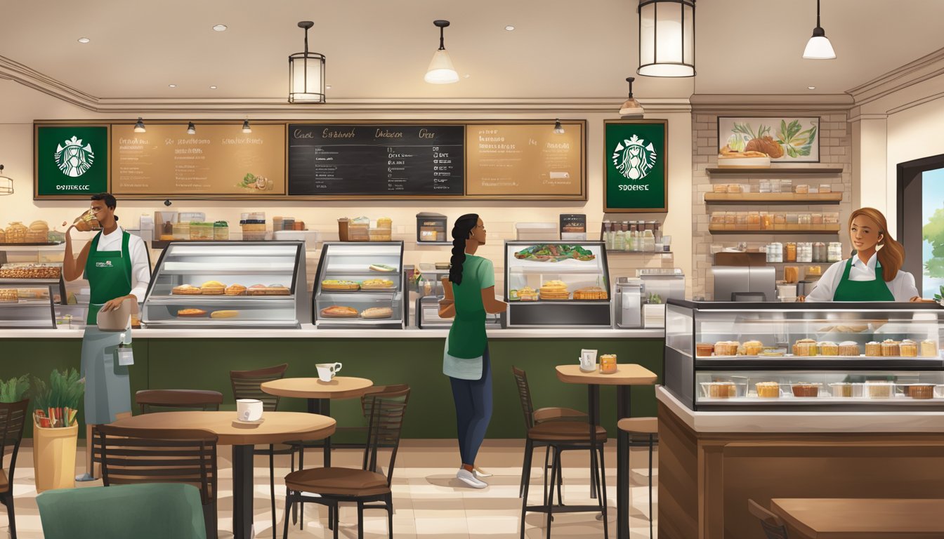 A bustling Starbucks cafe with changing seasonal decorations, featuring a breakfast menu board and staff adjusting displays