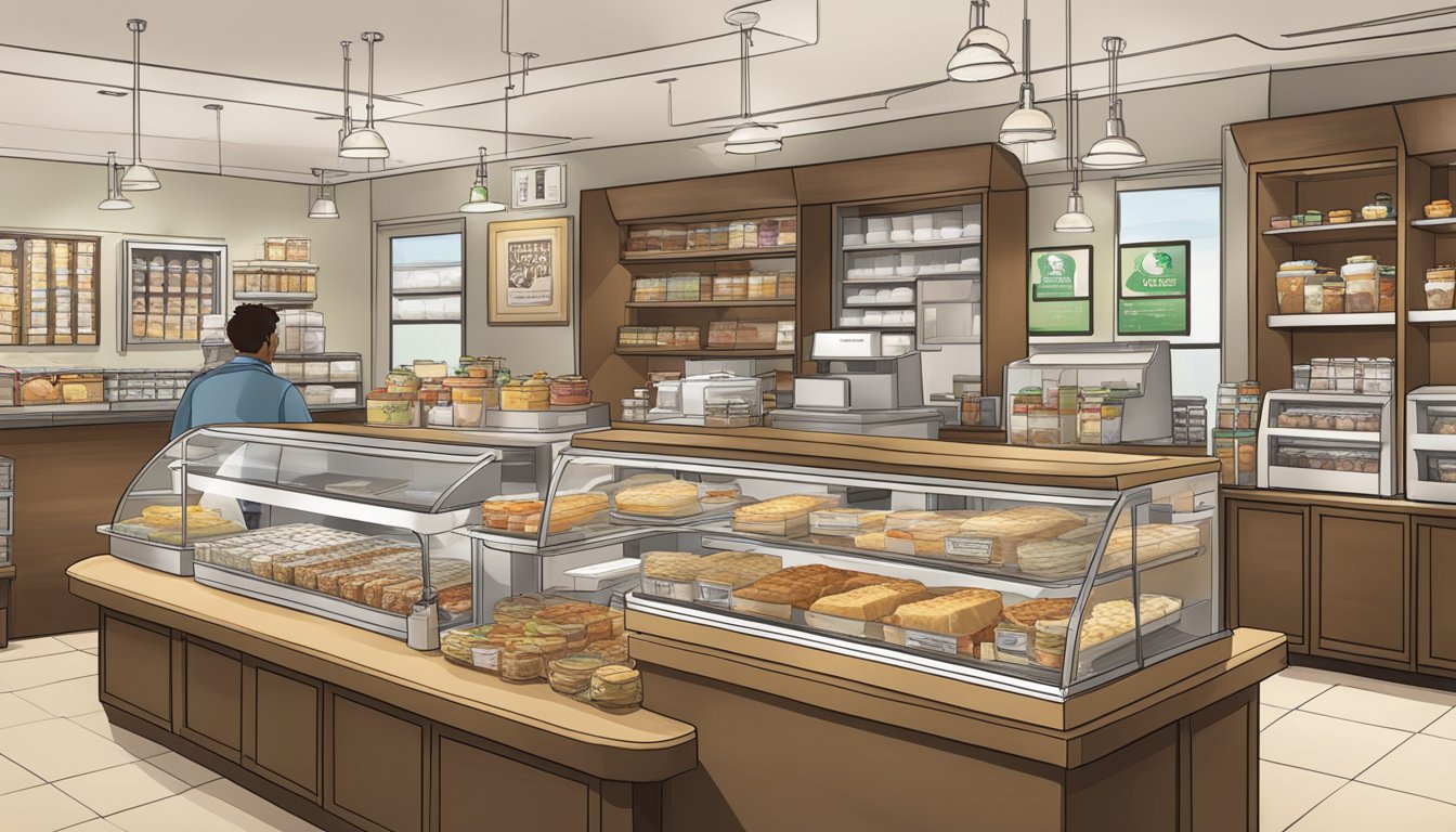 A bustling Starbucks store with a display of grab-and-go breakfast items, including sandwiches, pastries, and yogurt parfaits. Customers quickly make their selections as they head out the door