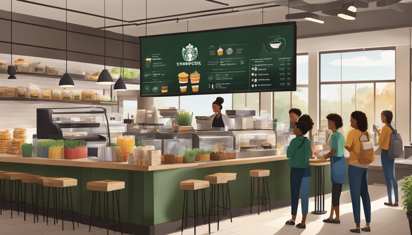 A bustling Starbucks café with seasonal decor and a digital menu board displaying breakfast items. Customers order from a mobile app while staff prepare orders behind the counter