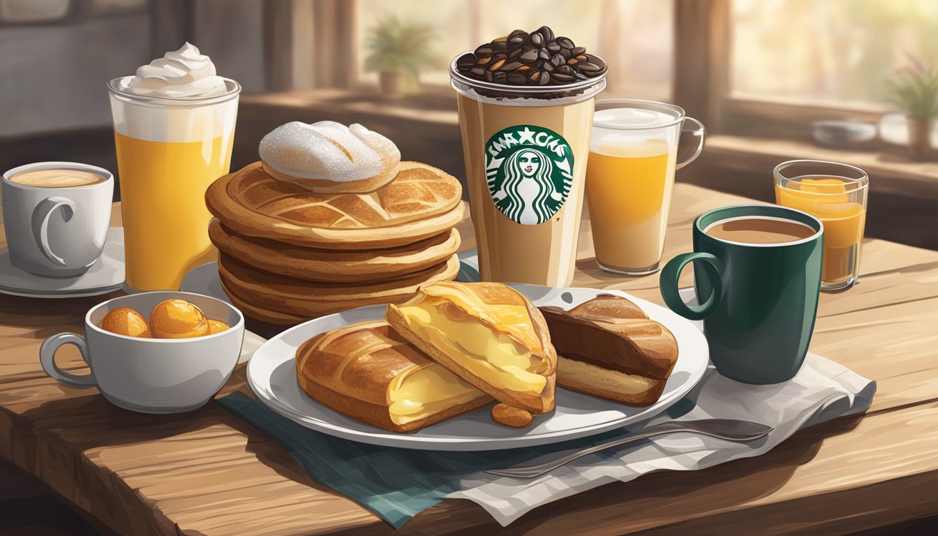 A steaming cup of Starbucks coffee sits next to a spread of breakfast items, including pastries, fruit, and eggs, all arranged on a rustic wooden table