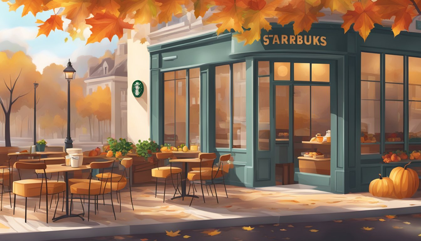 A cozy Starbucks cafe with autumn leaves outside, featuring a warm breakfast spread with seasonal fruits and pastries