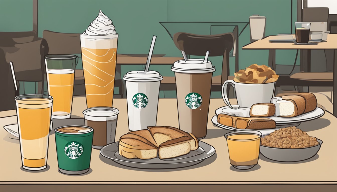 A table set with a Starbucks breakfast spread, surrounded by grab-and-go beverage options like coffee, tea, and juices