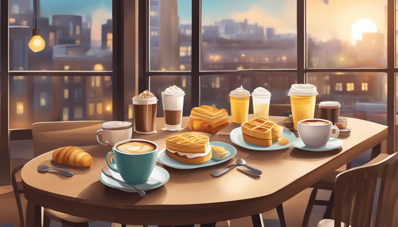 A table set with various breakfast items alongside different types of Starbucks coffee, with a cozy cafe ambiance in the background