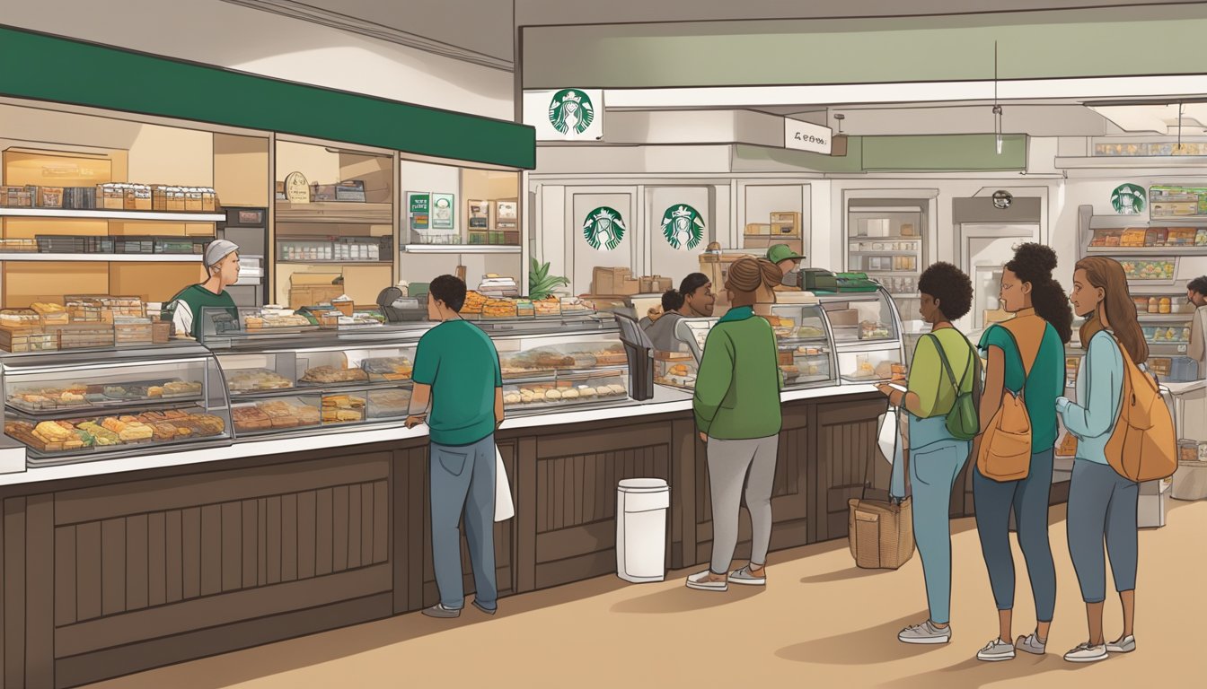 A bustling Starbucks store with a display of grab-and-go breakfast items and customers looking ahead in line