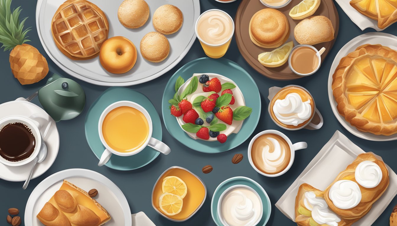 A table set with a variety of breakfast items, including pastries, fruit, and yogurt, alongside a selection of Starbucks beverages such as coffee and tea