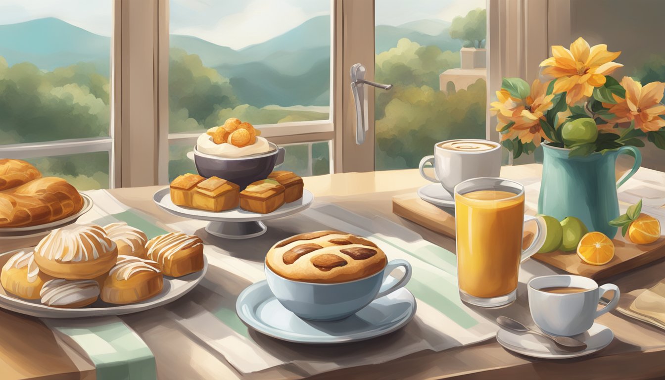 A cozy kitchen table set with a steaming cup of Starbucks coffee, alongside a spread of freshly baked pastries and fruit