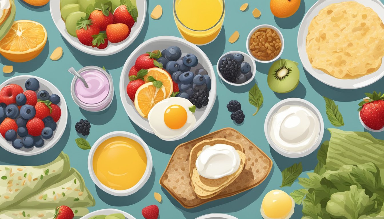 A table with various breakfast items, including oatmeal, yogurt parfaits, and egg white wraps, surrounded by images of fruits and vegetables