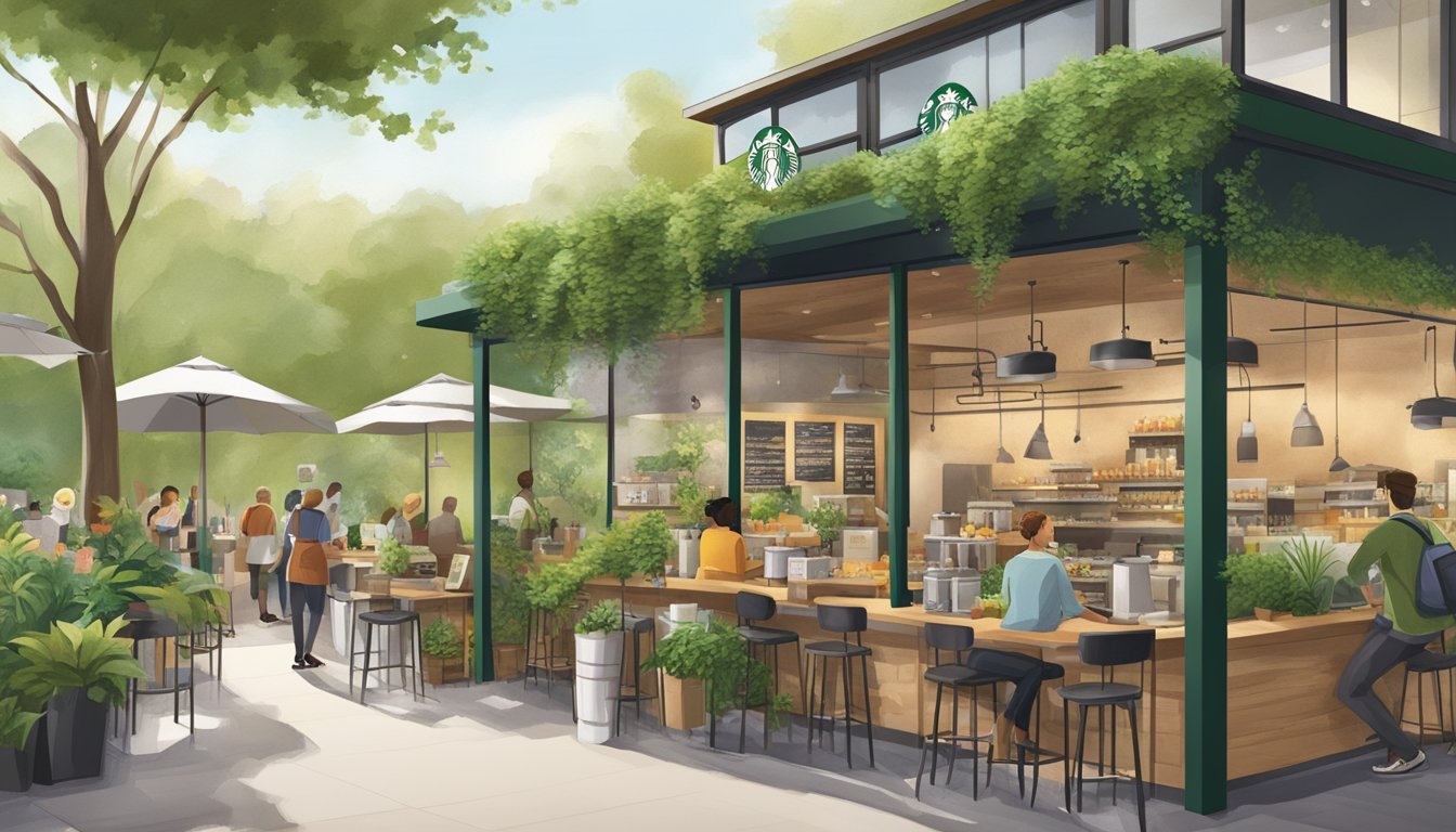 A bustling Starbucks cafe with a display of sustainable breakfast options, surrounded by lush greenery and recycling bins