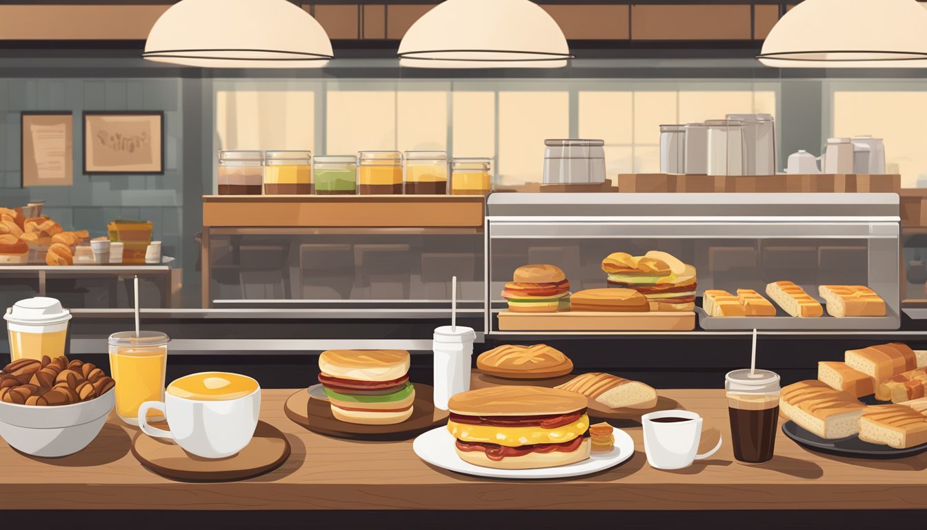 A bustling Starbucks cafe with a variety of pastries, sandwiches, and coffee displayed on a modern counter. A traditional breakfast spread with eggs, bacon, and toast set on a rustic wooden table