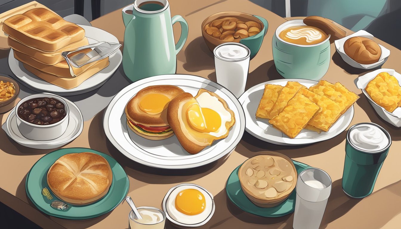 A table with a spread of Starbucks breakfast items on one side and traditional breakfast items on the other, with a scale in the middle