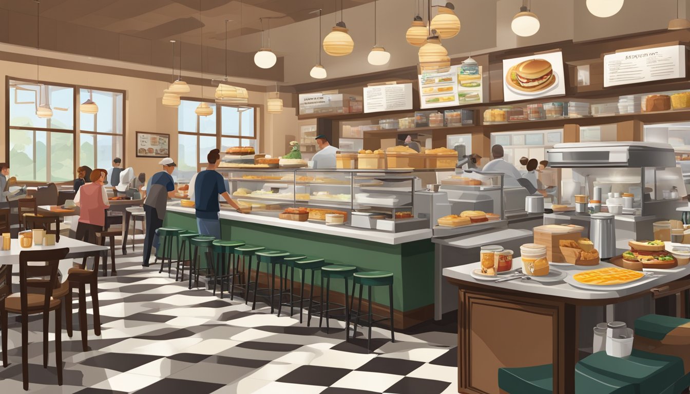 A bustling Starbucks cafe with a variety of breakfast options displayed on the counter, while a traditional diner showcases classic breakfast dishes on a checkered tablecloth