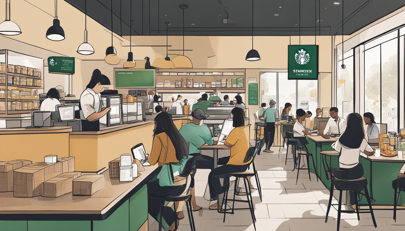 A bustling Starbucks store with customers enjoying breakfast items while filling out feedback cards. A staff member collects the cards and reviews them at a desk