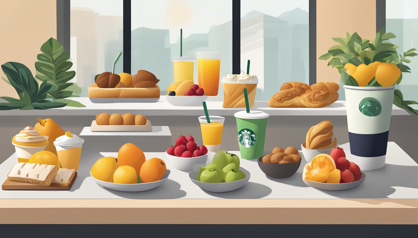 A colorful array of fresh fruits, whole grain pastries, and plant-based breakfast options displayed on a modern, minimalist counter at a Starbucks cafe