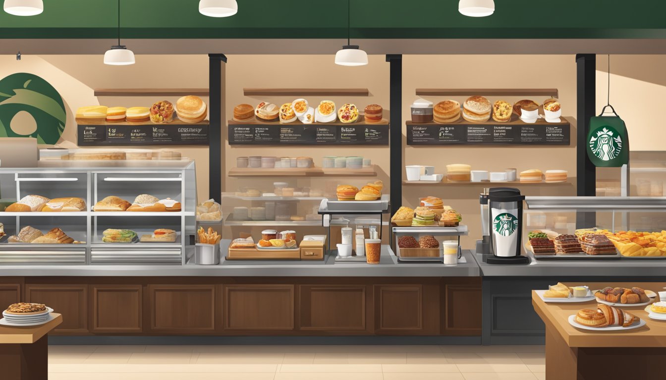 A bustling Starbucks store with a variety of breakfast options displayed alongside a traditional breakfast spread, highlighting the differences in offerings and presentation