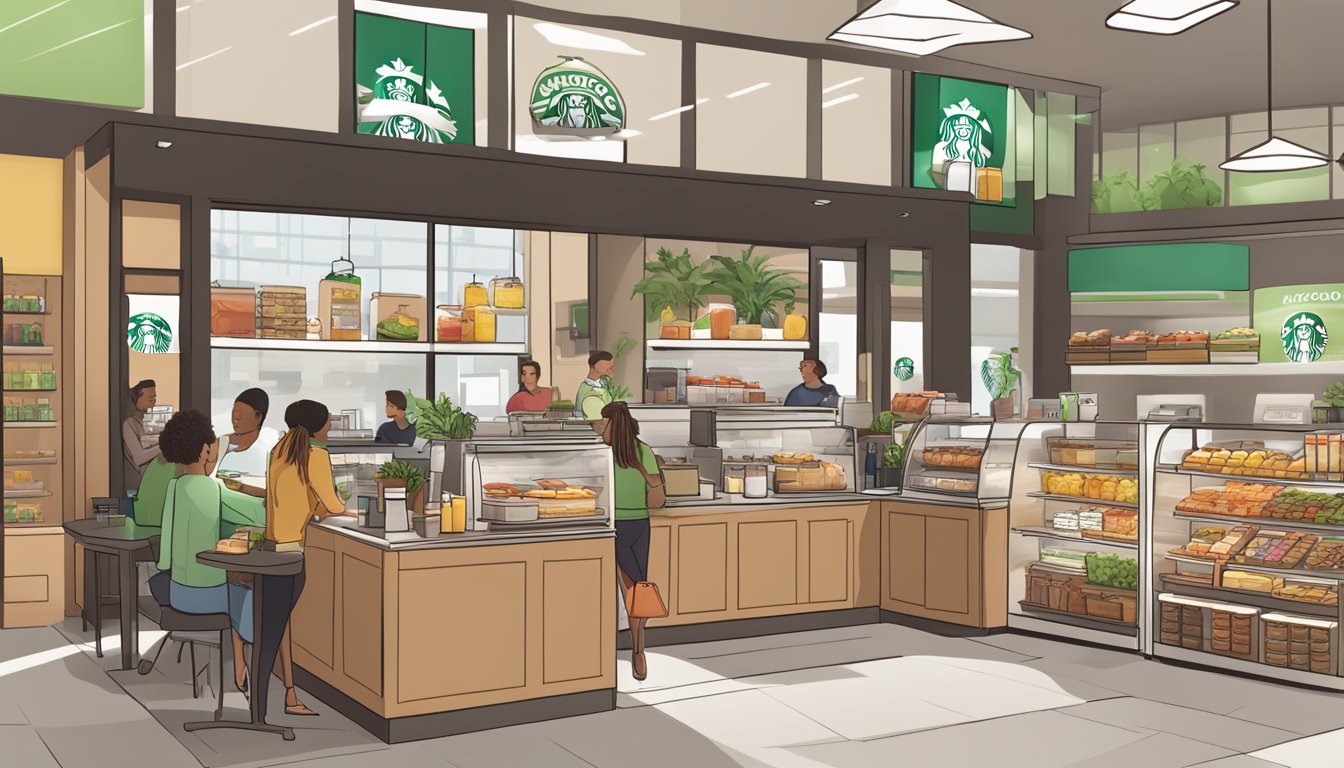 A bustling Starbucks store with a display of colorful, health-focused breakfast items, including avocado toast, protein boxes, and fruit smoothies