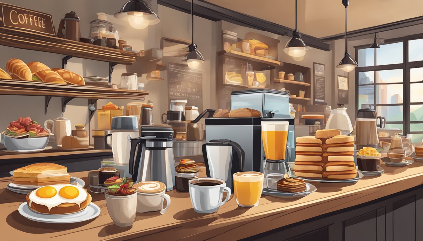 A bustling coffee shop with a variety of breakfast items on display, including pastries, sandwiches, and specialty coffee drinks. The traditional breakfast scene features a table set with eggs, bacon, toast, and a cup of coffee