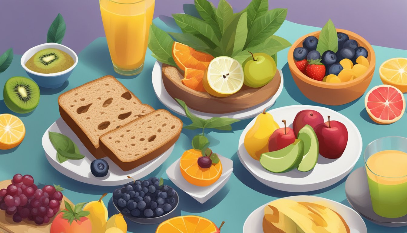 A colorful array of fresh fruits, whole grain bread, and plant-based options arranged on a modern cafe table