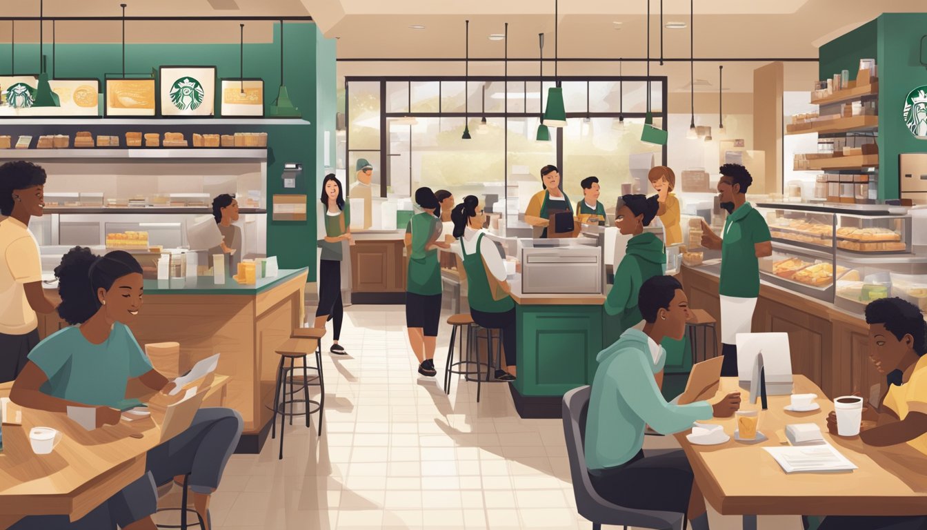 A busy Starbucks store with customers giving feedback on breakfast items while staff members take notes and engage in conversation